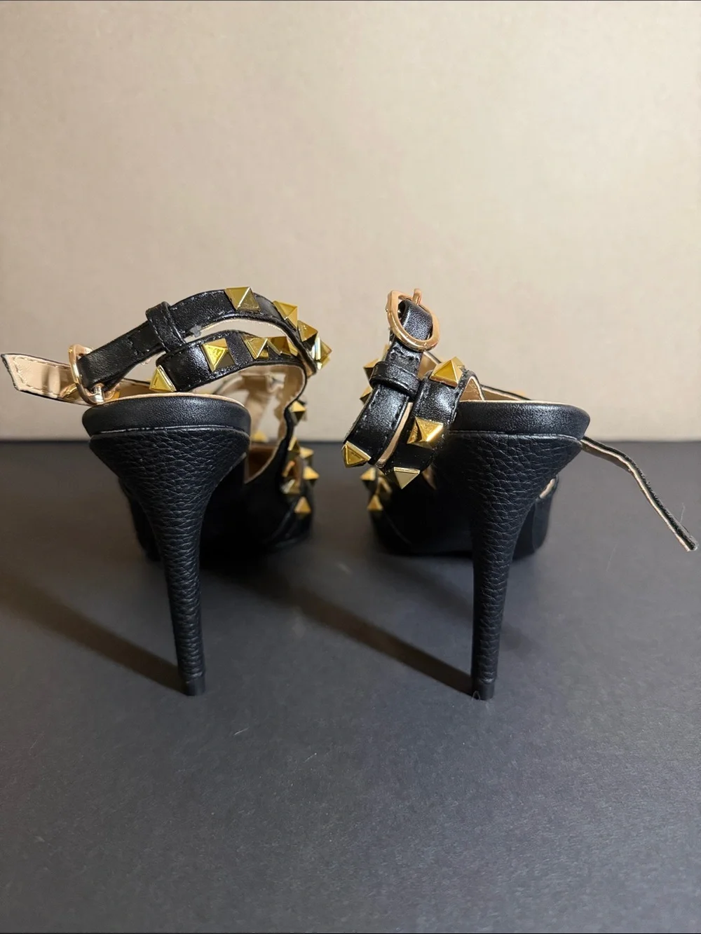 Valentino Garavani Black Leather Pointed Slingback Heels with Gold Studs